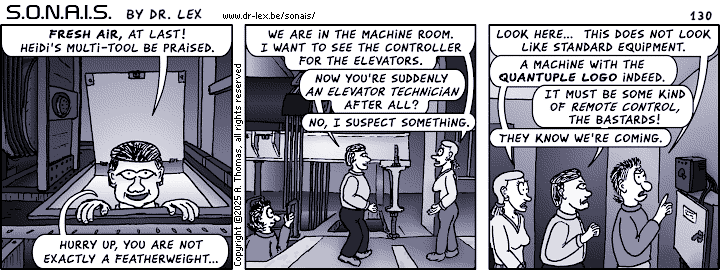 Strip 130. Heidi, Max and Zhang find a way out of the elevator of doom.