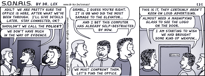 Strip 131. Obviously on the right track, the team heads towards the Quantuple office.