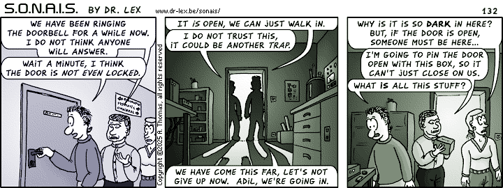 Strip 132. Hesitantly, the team enters the Quantuple office. Could it be another trap?