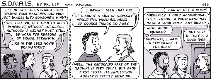 Strip 166. Adil is eager to try out Heidi's newly discovered sensory projection technology.