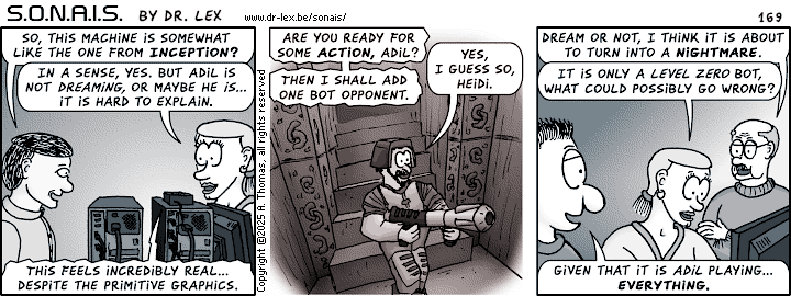 Strip 169. So far, Adil's immersive Quake experience goes swimmingly, but this may be about to change.