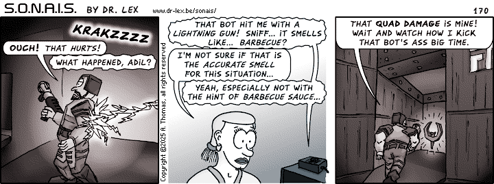 Strip 170. With a bot opponent added, Adil's ultra-realistic Quake experience is becoming painful.