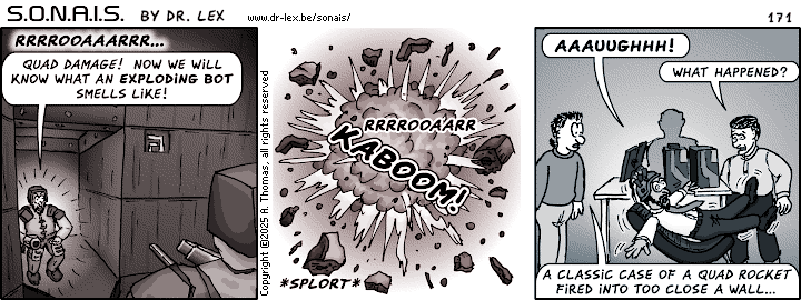 Strip 171. Adil's attempt at revenge on the Quake bot does not work out as he had hoped.