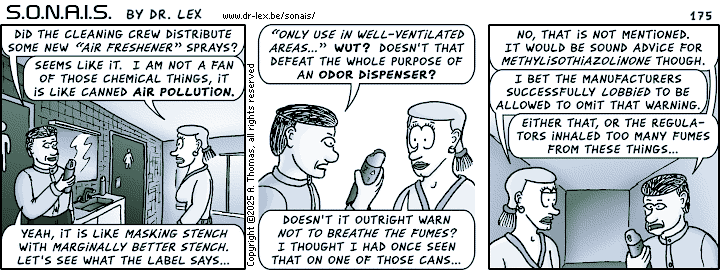 Strip 175. After criticizing nutritional warnings, Zhang finds more evidence of corporate weaselling on other products.