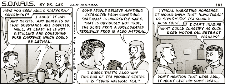 Strip 181. Zhang and Heidi discuss Adil's cafestol experiment and the often meaningless use of the “natural” label in marketing.