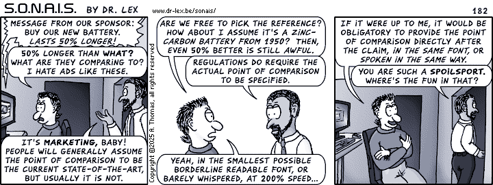 Strip 182. Max is not pleased with the common marketing practice of vague performance comparisons, but Adil of course disagrees.