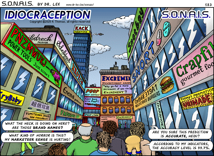 Strip 183. Start of new (long) storyline ‘Idiocraception’. In a flash-forward, we see the whole team in a city environment, flabbergasted at the sight of billboards and signage displaying atrocious brand names.