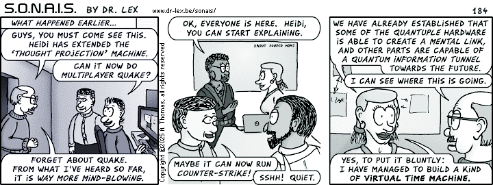 Strip 184. Back in the present, we learn about Heidi's progress with combining the abilities of the Quantuple hardware.