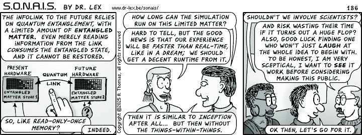 Strip 186. More details about the virtual time machine emerge, as does the question about exposing it to the public.