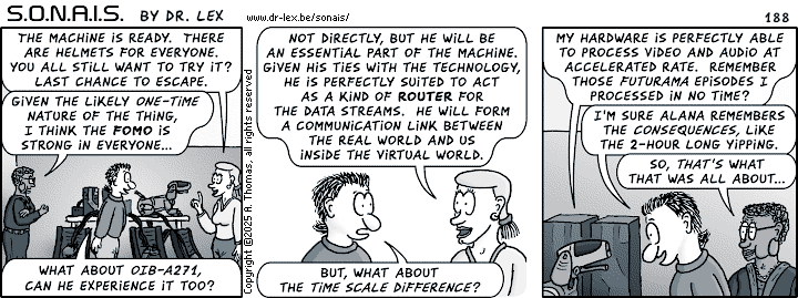 Strip 188. With the virtual time machine ready for its first test run, Heidi explains some more of its details.