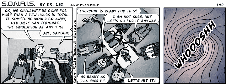 Strip 190. With everything set, the team makes the virtual jump into what is supposed to be the future.