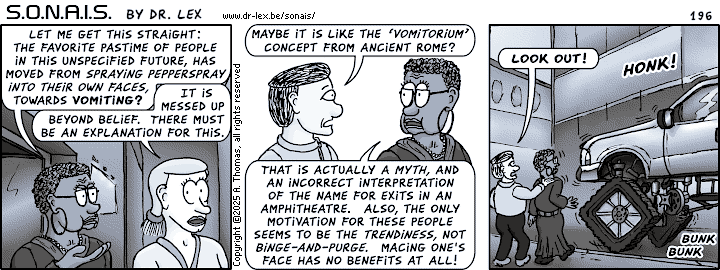 Strip 196. Attempts to find a rational explanation for the absurdities witnessed in the predicted future, seem in vain.
