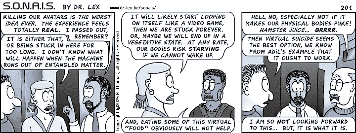 Strip 201. The team contemplates their options to escape the fate of being locked up in the simulation forever.
