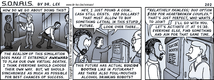 Strip 202. An awkward plan to forcibly exit the future simulation is taking shape.