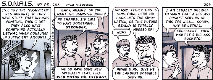 Strip 204. Zhang looks for something that should be lethal enough for his avatar to exit the simulation.