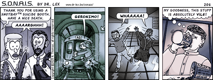 Strip 206. The team tries to kill their avatars in the hopes of exiting the simulation.