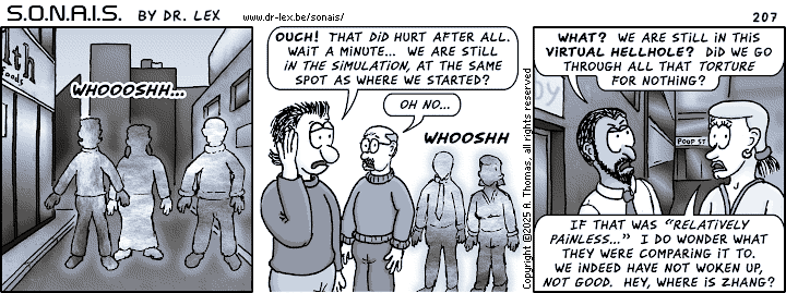Strip 207. The team's attempt to forcibly exit the future simulation does not seem successful.