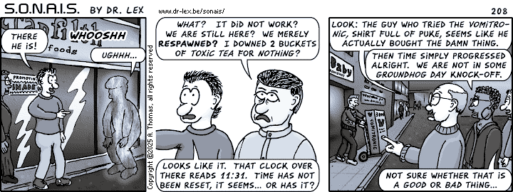 Strip 208. The team tries to figure out why they are still inside the simulation.
