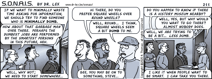 Strip 211. In their search for more information, Steve's jokingly proposed approach might actually work.