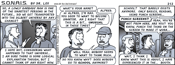 Strip 212. A garbage man proves to be a promising source of information about the future.