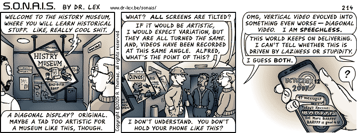 Strip 214. Inside the history museum, things are displayed in a puzzling manner.
