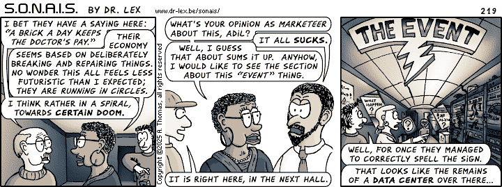 Strip 219. The team arrives at the museum section about the mysterious “event.”