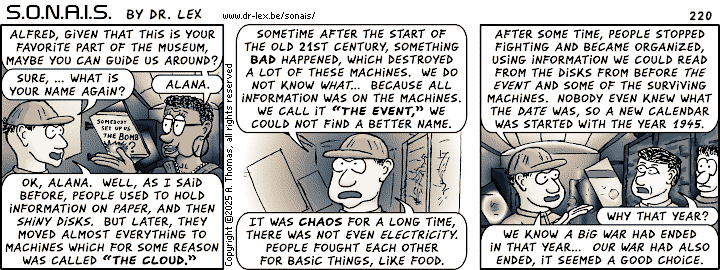 Strip 220. Alfred explains what is known about “The Event.”
