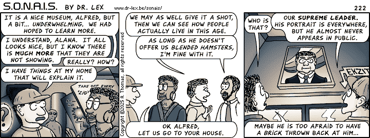 Strip 222. Alfred might know more than the museum can teach the team, and they are invited to his home.