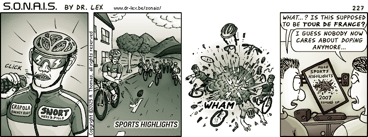 Strip 227. The TV reveals that sports events like cycling contests seem to have become rather lethal in the future.