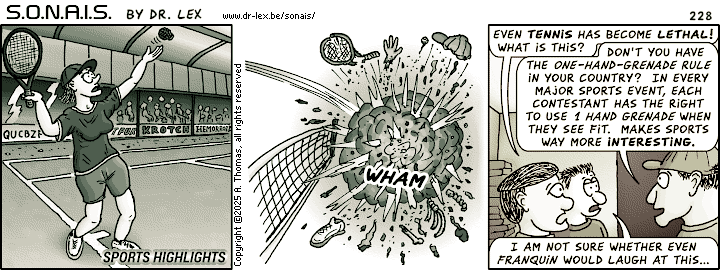 Strip 228. As they continue to watch the future's TV, tennis also proves to have become a deadly sport.