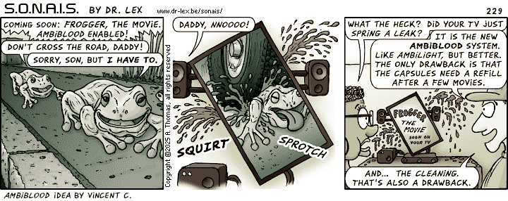 Strip 229. The movie trailer for an implausible video game adaptation activates a hidden feature of Alfred's TV.
