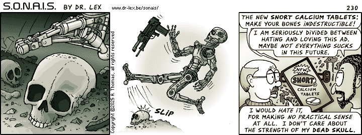 Strip 230. Adil's low opinion about the future is tested while he watches a TV commercial that parodies an iconic movie intro.