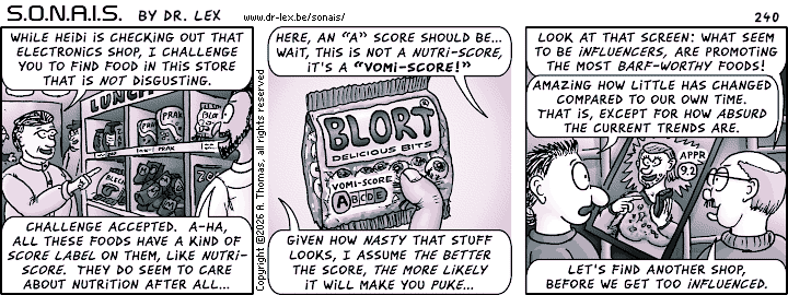 Strip 240. The future shopping experience proves to be “influenced” by the awful vomiting trend.