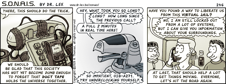 Strip 246. Having an apartment and landline phone of their own, Heidi manages to set up a quasi permanent link to OIB-A271.