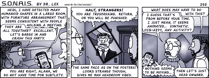 Strip 250. An obstacle is encountered as the team tries to reach the future's government.