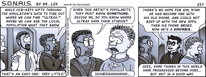 Strip 257. Waiting while OIB-A271 investigates the whereabouts of “Ultrax,” Alana learns about another disturbing aspect of the predicted future.