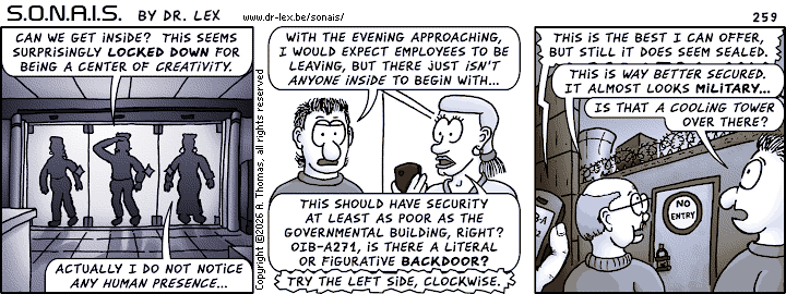 Strip 259. Trying to enter the “Ultrax” headquarters proves surprisingly difficult.