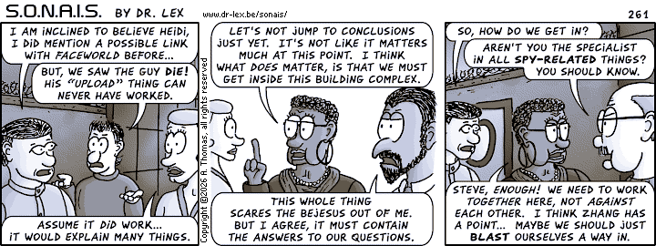 Strip 261. The team is divided about what could be the true identity of Ultrax, but is united about what to do next.