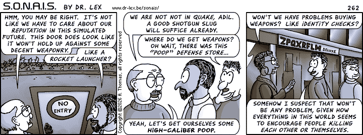 Strip 262. The team discusses how they can get inside the “Ultrax” building complex.