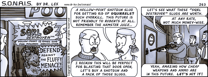 Strip 263. A suitable weapon is obtained to blast open the side door of the Ultrax building.