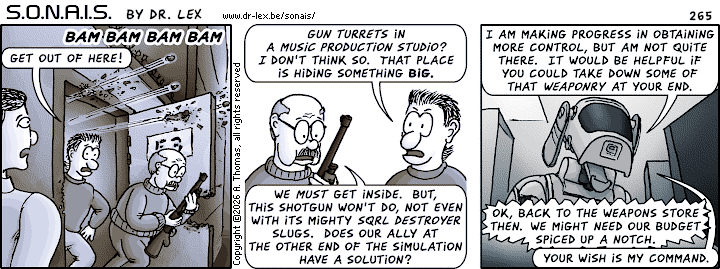 Strip 265. After narrowly escaping the Ultrax defense system, the team figures out how to get past it.