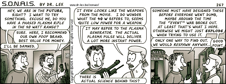 Strip 267. Max tests whether the predicted future matches one of his favorite sci-fi movies.