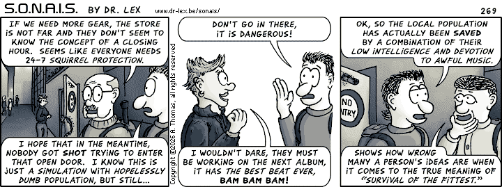Strip 269. Loaded up with offensive gear, the team returns to the Ultrax building side entrance.