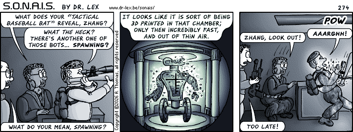 Strip 274. Putting his “tactical baseball bat” to good use, Zhang both witnesses and experiences something worrying.