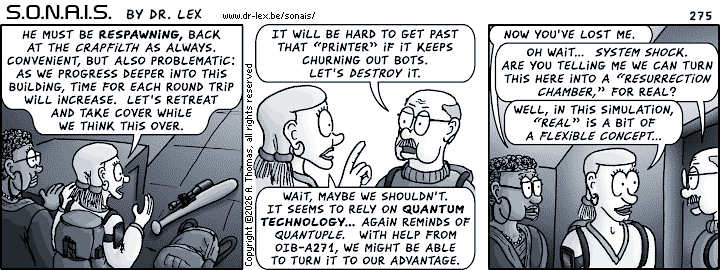 Strip 275. While Zhang respawns as usual, the others decide what to do next.
