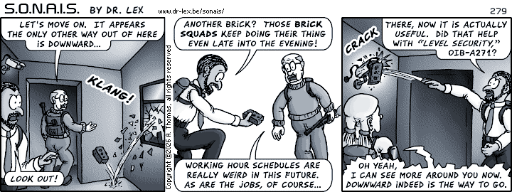 Strip 279. Another brick thrown in from a window is put to good use.
