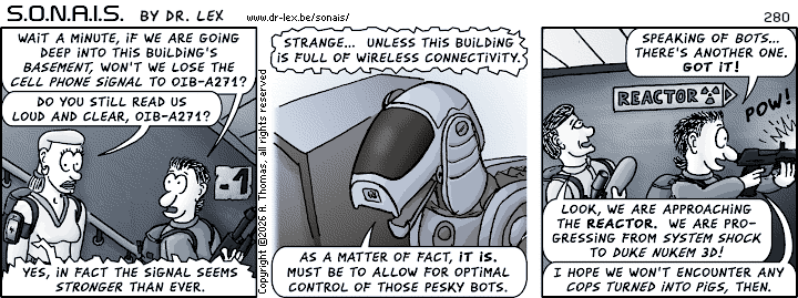 Strip 280. Concerns are raised as the team descends deeper into the complex.