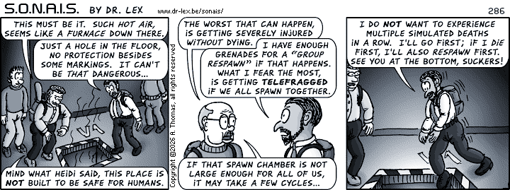 Strip 286. The team has found the shaft leading to the mysterious lower zone.