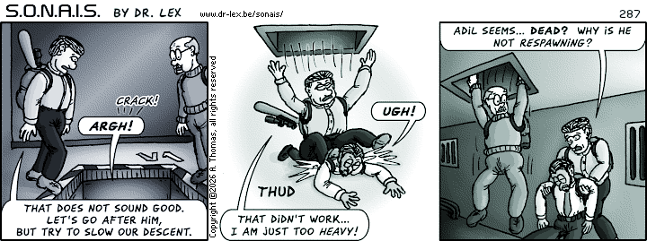 Strip 287. The trip down the ventilation shaft is not going as planned.