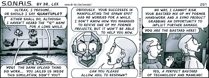 Strip 291. The root cause of the team's current predicament is revealed.